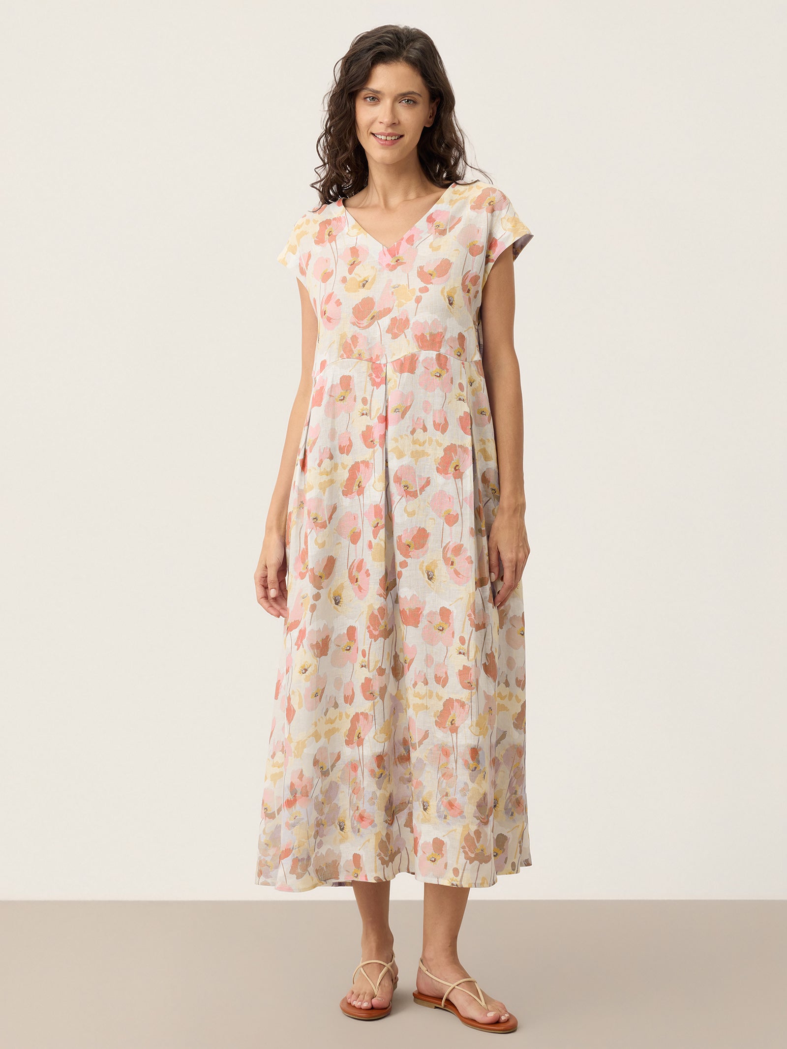 Alveno | Maxi Dress in Lino 100% con Stampa a Garofani e Vita Smerlata