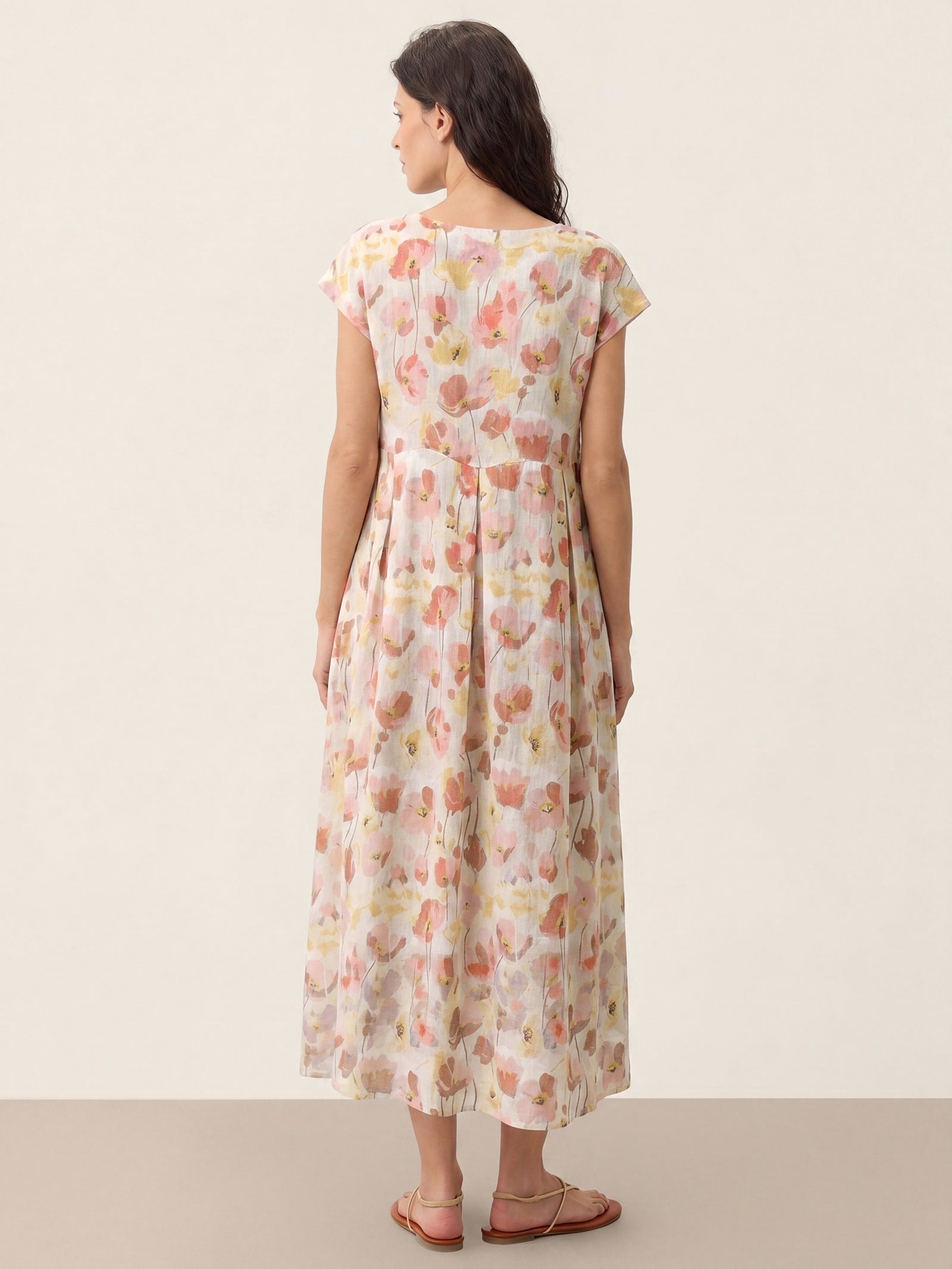 Alveno | Maxi Dress in Lino 100% con Stampa a Garofani e Vita Smerlata