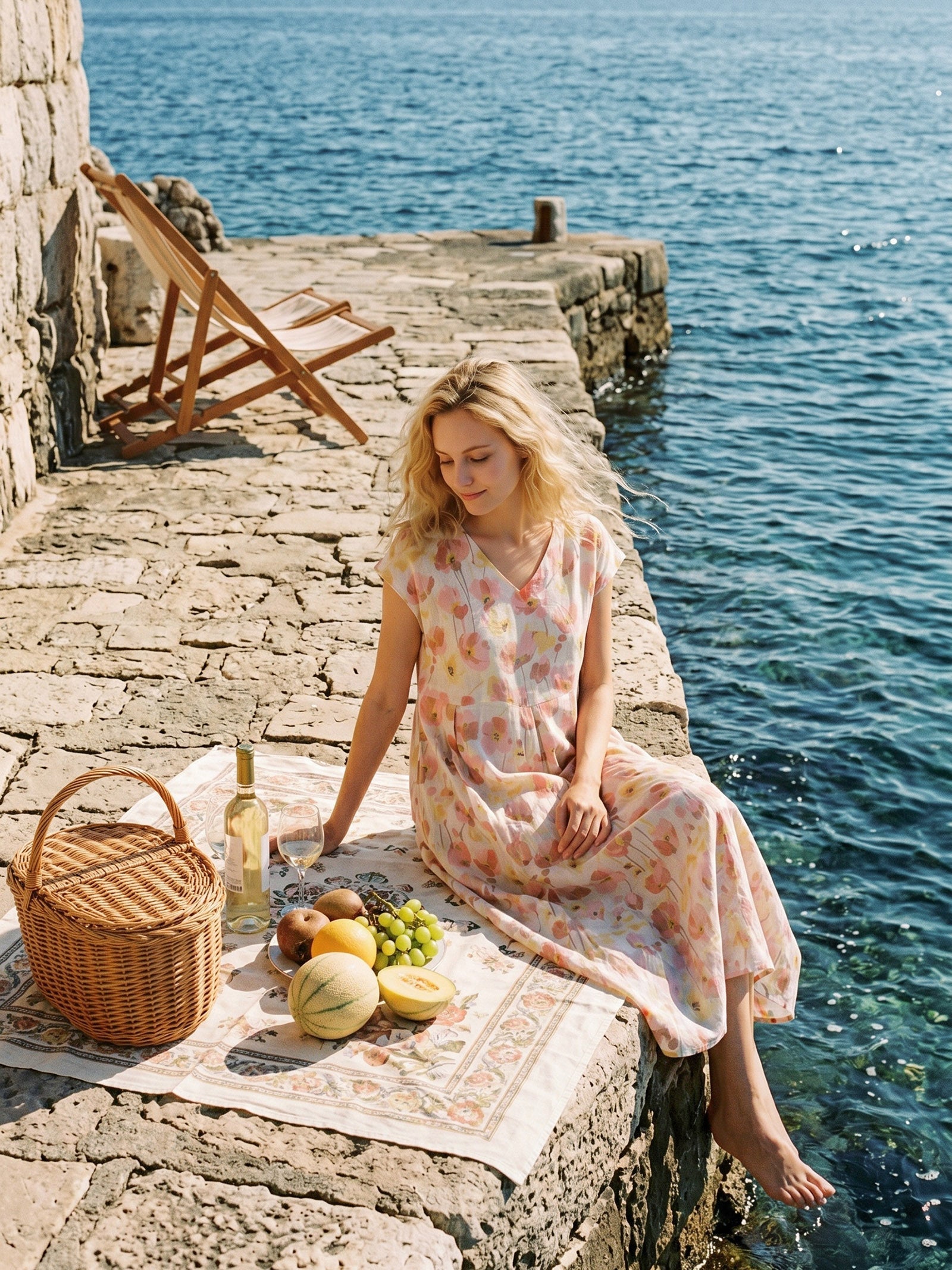 Alveno | Maxi Dress in Lino 100% con Stampa a Garofani e Vita Smerlata