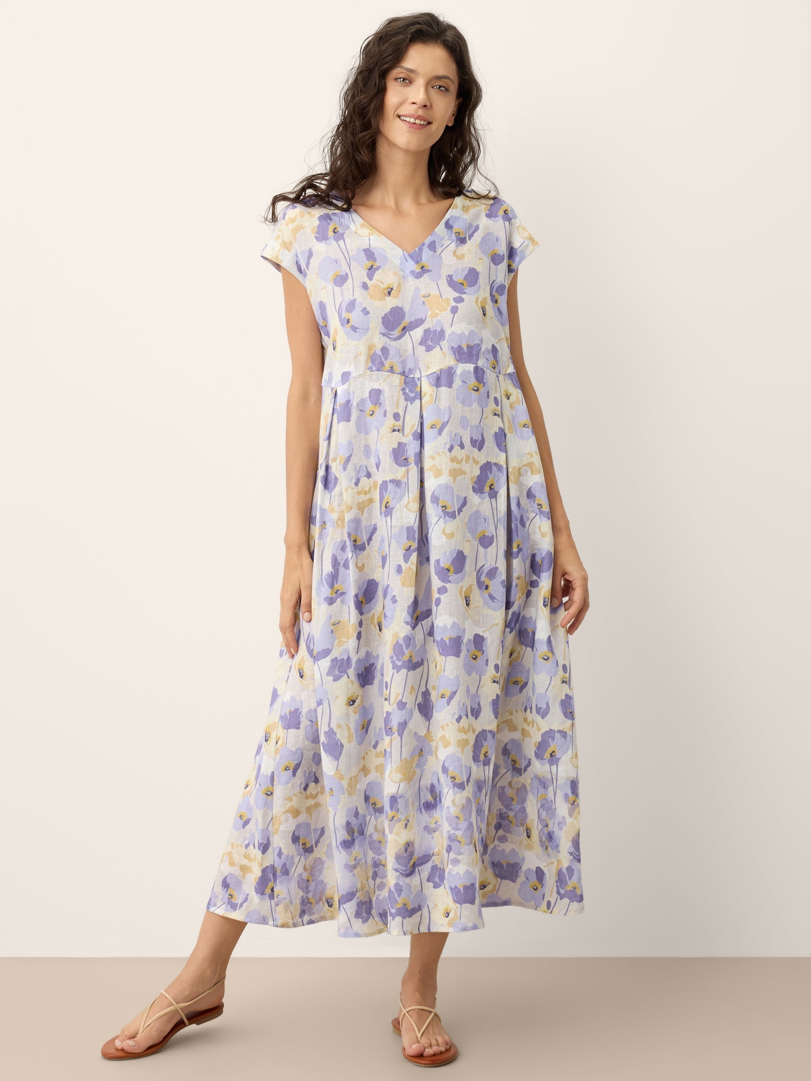 Alveno | Maxi Dress in Lino 100% con Stampa a Garofani e Vita Smerlata