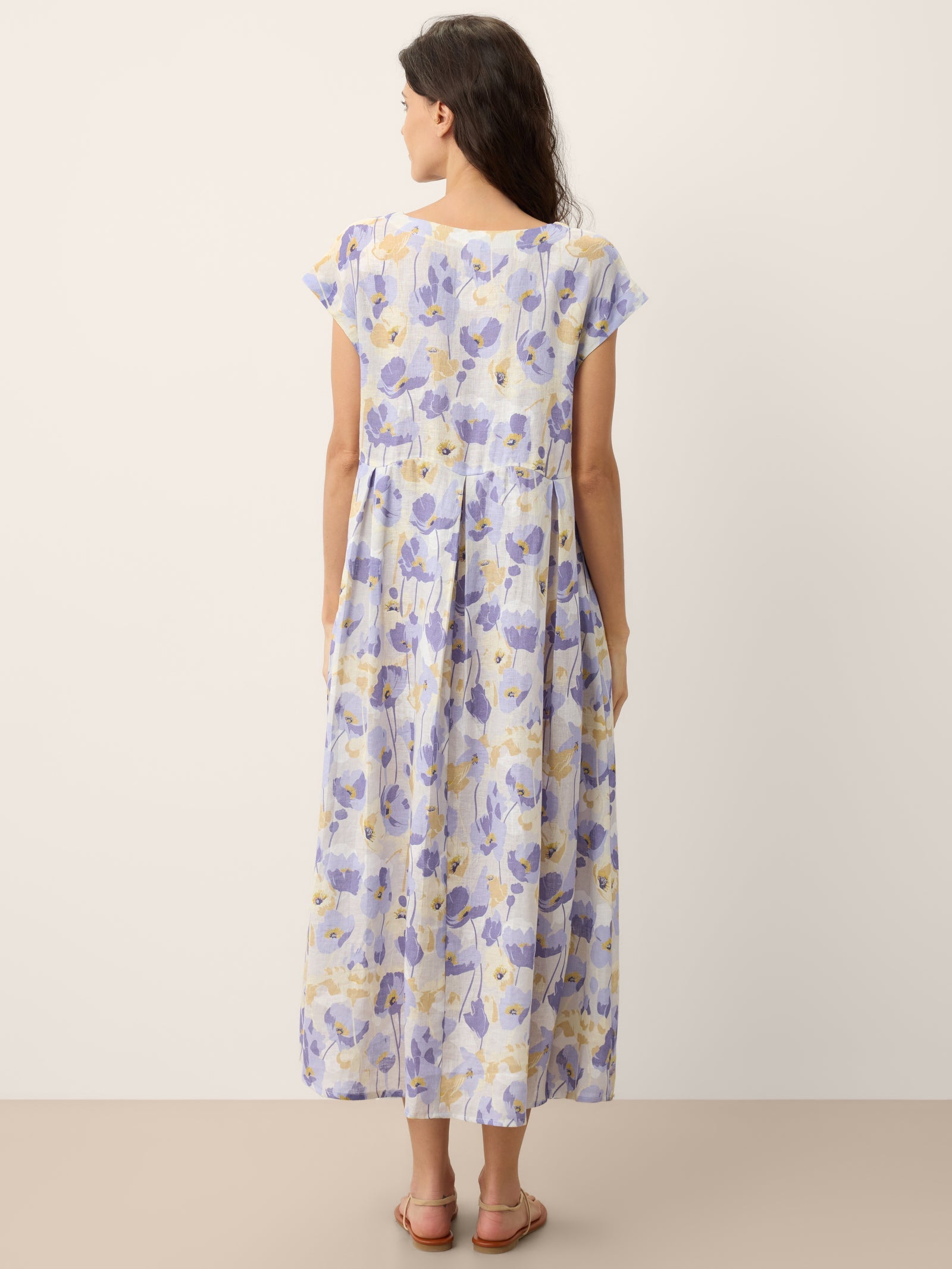 Alveno | Maxi Dress in Lino 100% con Stampa a Garofani e Vita Smerlata