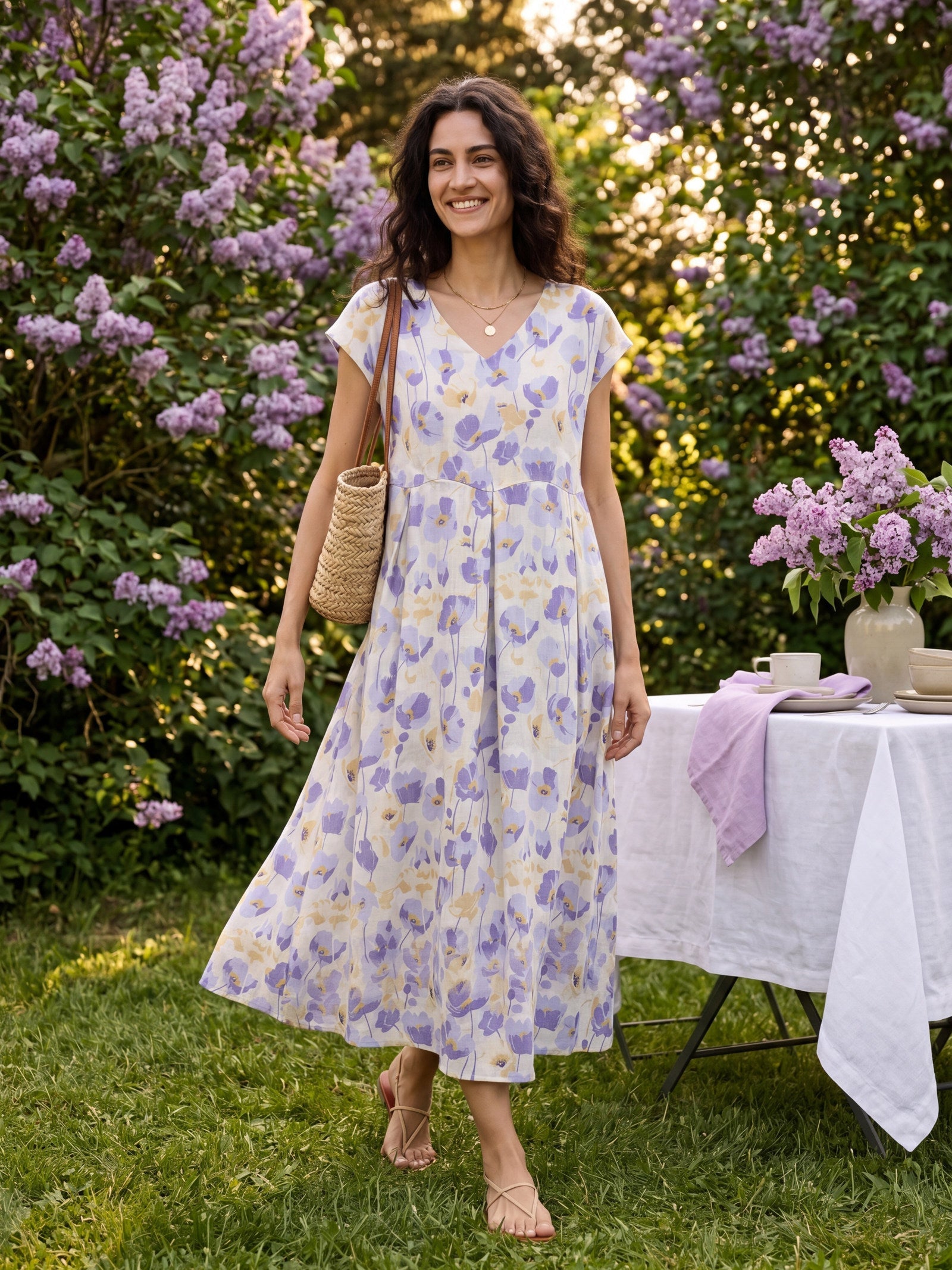 Alveno | Maxi Dress in Lino 100% con Stampa a Garofani e Vita Smerlata