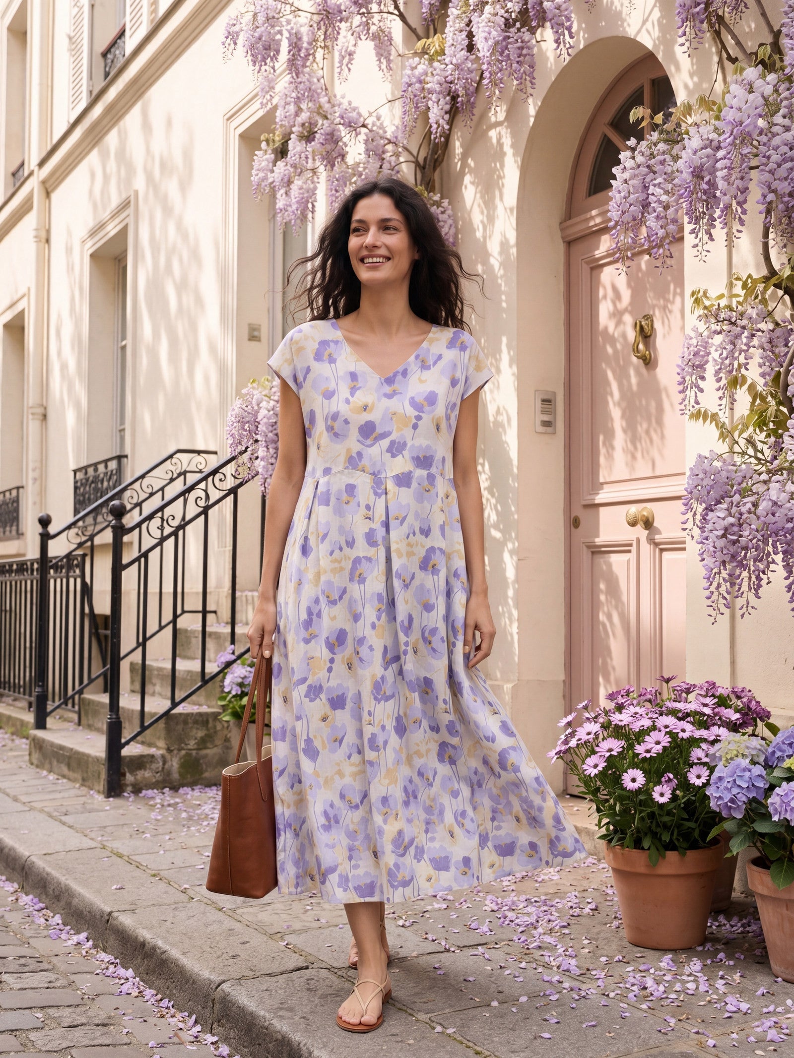 Alveno | Maxi Dress in Lino 100% con Stampa a Garofani e Vita Smerlata