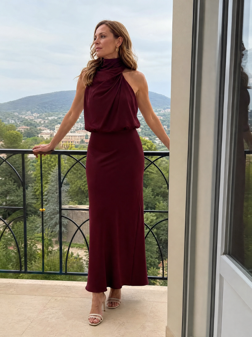 Nopal | Abito Midi Smanicato con Collo Drappeggiato