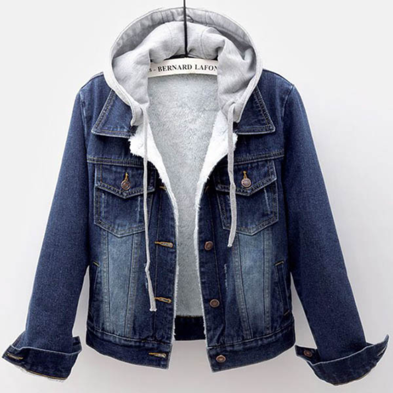 Simona | Moderna giacca in denim con maniche lunghe, cappuccio staccabile e fodera in felpa