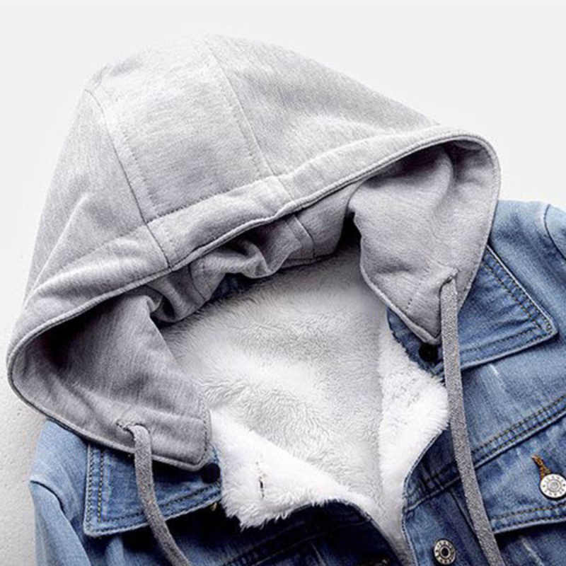 Simona | Moderna giacca in denim con maniche lunghe, cappuccio staccabile e fodera in felpa