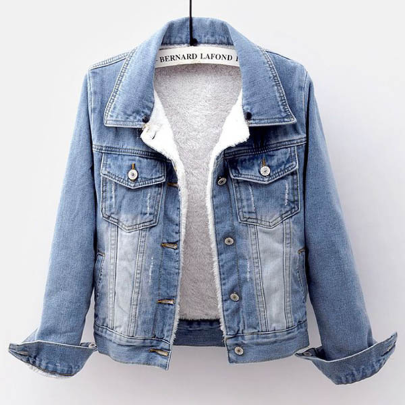 Simona | Moderna giacca in denim con maniche lunghe, cappuccio staccabile e fodera in felpa