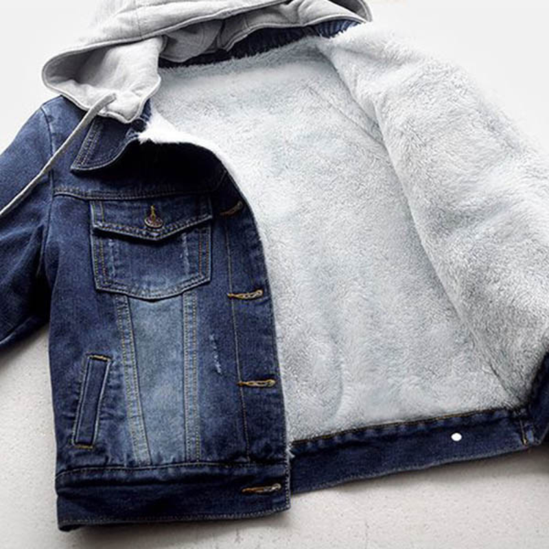 Simona | Moderna giacca in denim con maniche lunghe, cappuccio staccabile e fodera in felpa