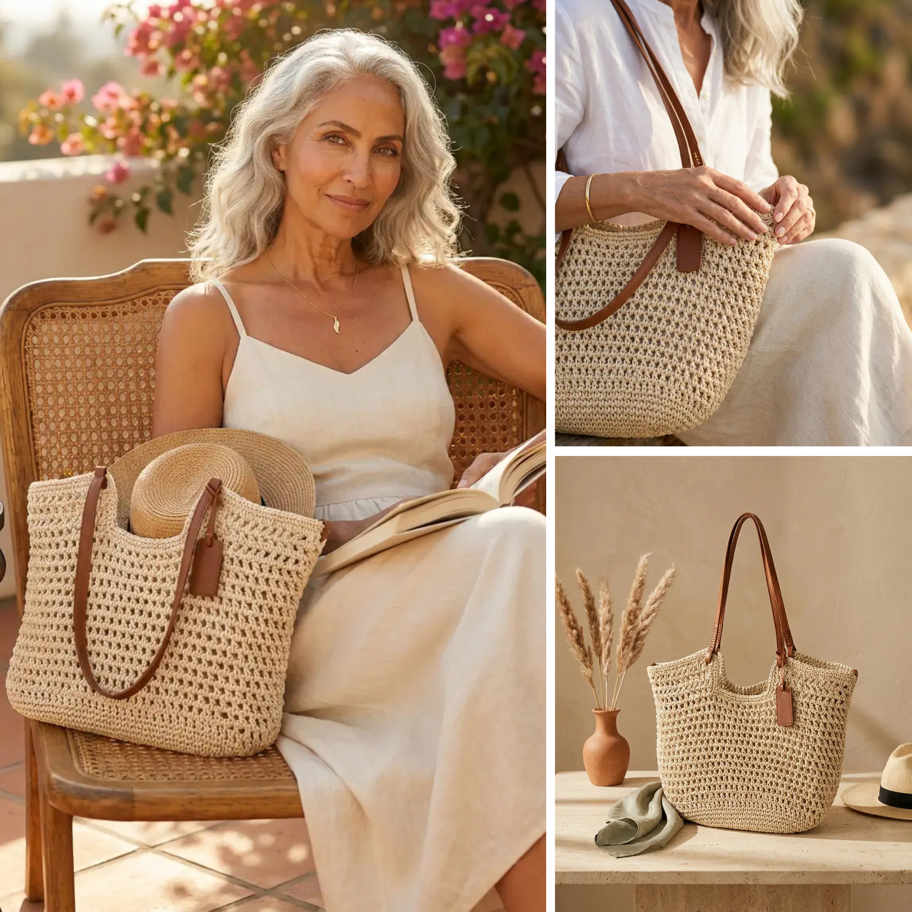 Alina | Borsa Shopper Intrecciata a Mano all'Uncinetto - Beige Chiaro