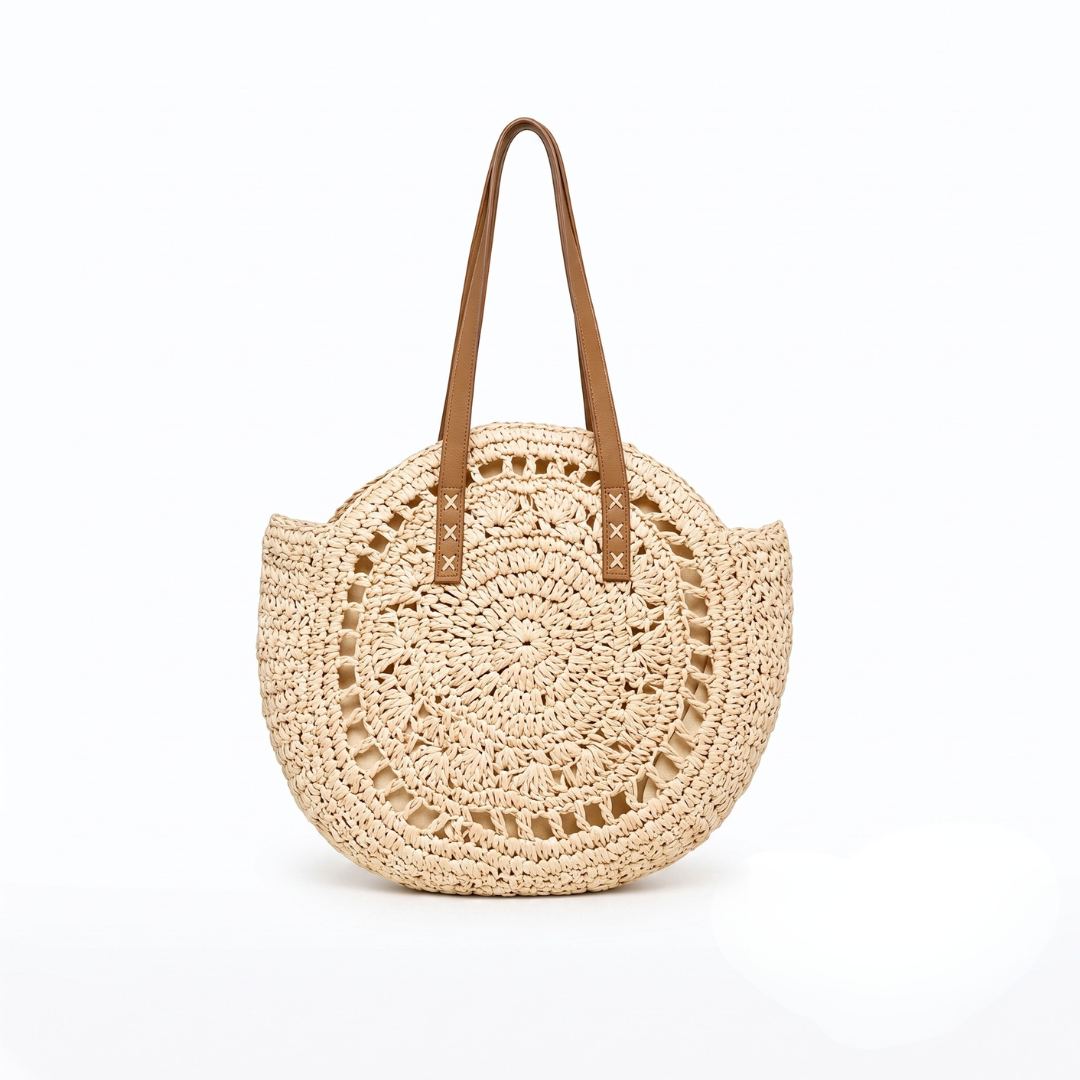 Luigia | Borsa Tonda in Paglia Intrecciata con Motivo — Beige Naturale