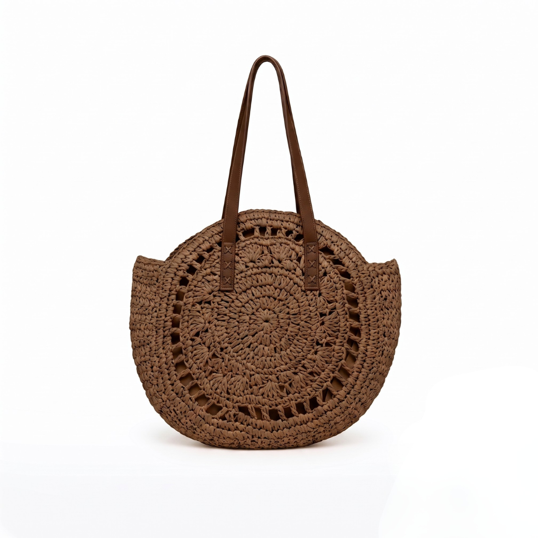 Linda | Borsa Tonda in Paglia Intrecciata - Nocciola