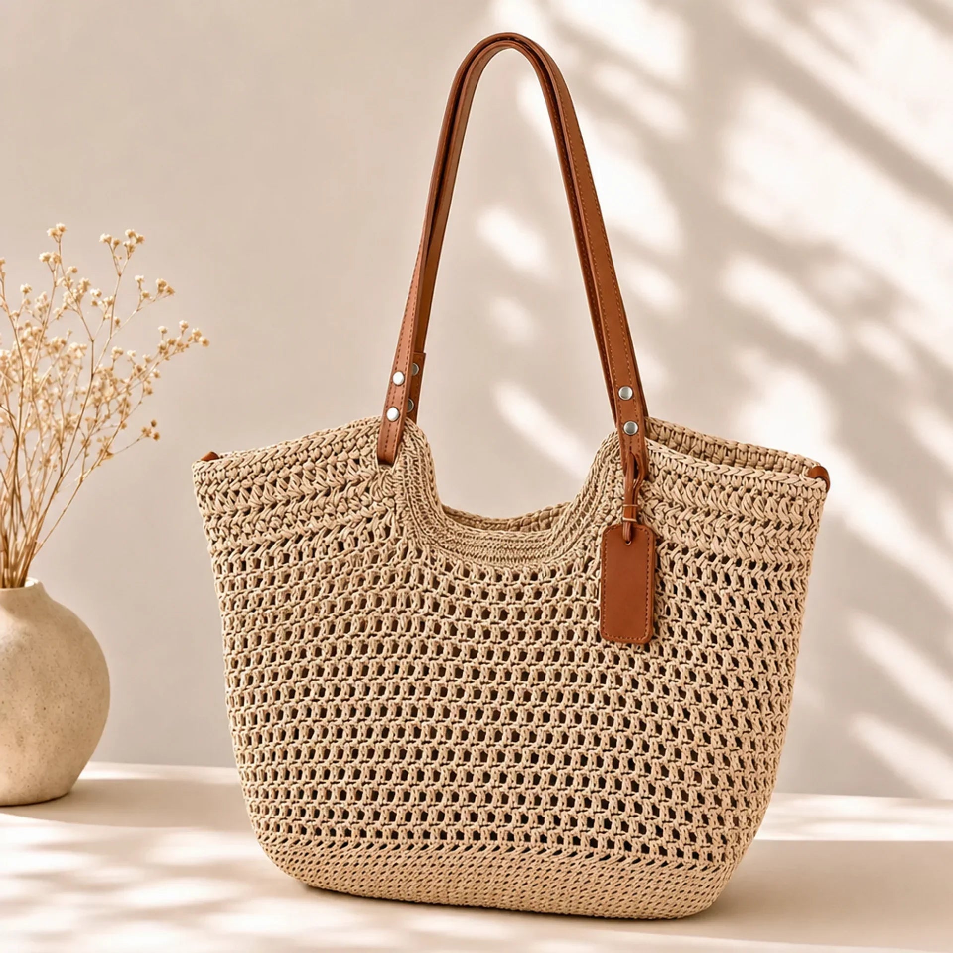 Alina | Borsa Shopper Intrecciata a Mano all'Uncinetto - Beige Chiaro