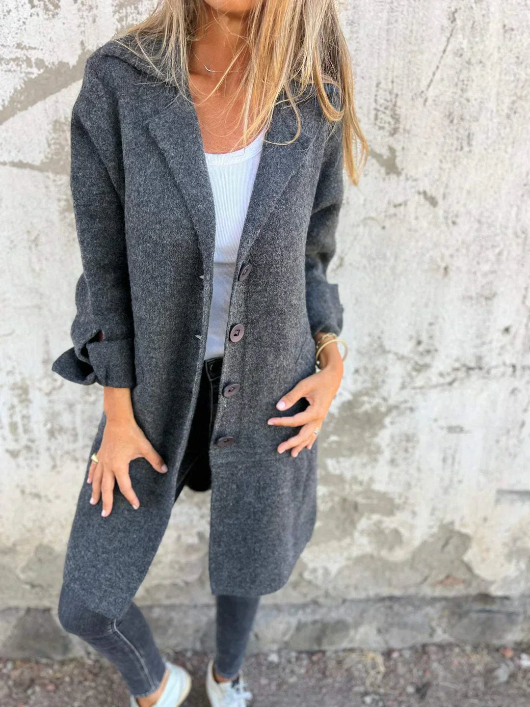 Baylea - Cappotto Elegante Monopetto con Revers in Lana