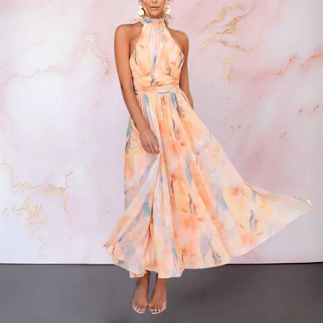 Esther | Abito Maxi con Stampa Acquerello e Collo all'Americana