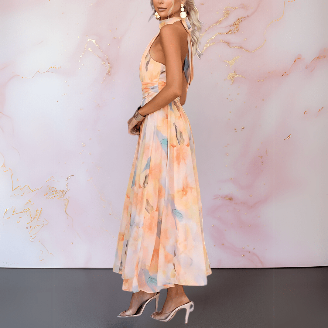 Esther | Abito Maxi con Stampa Acquerello e Collo all'Americana