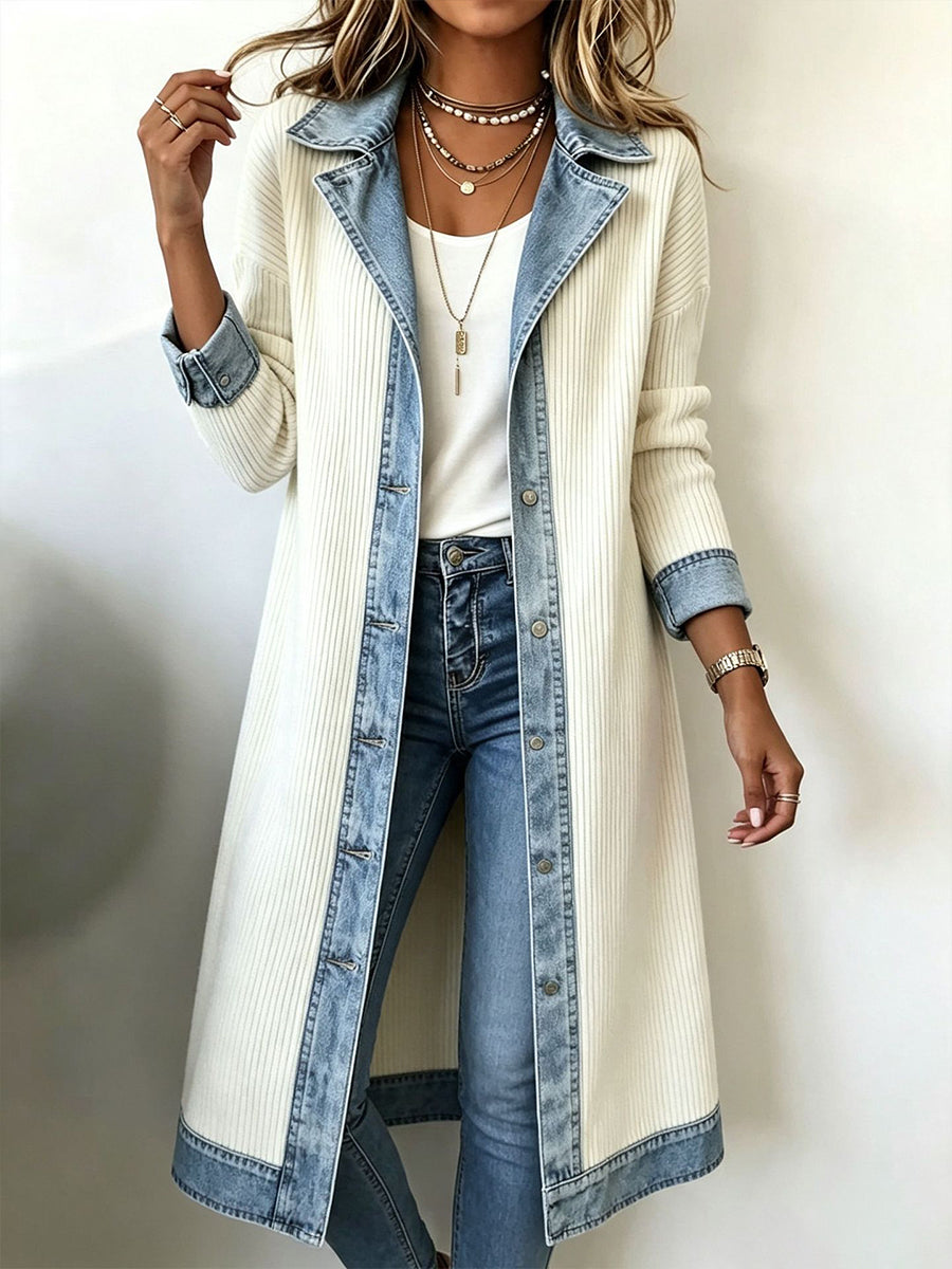 Serena | Cardigan Lungo in Maglia con Dettagli Denim