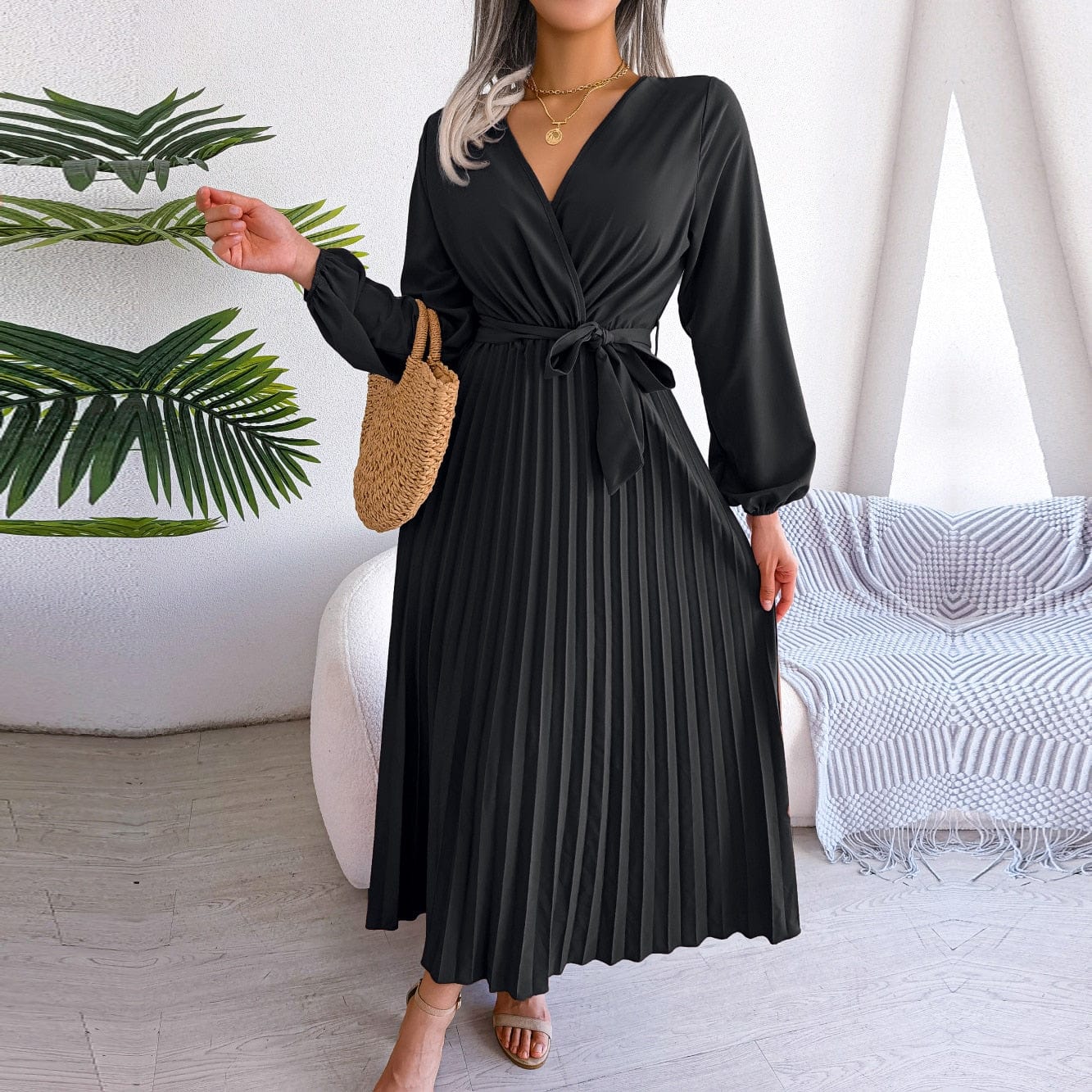 Amy™ | Abito maxi nero elegante con scollo a V